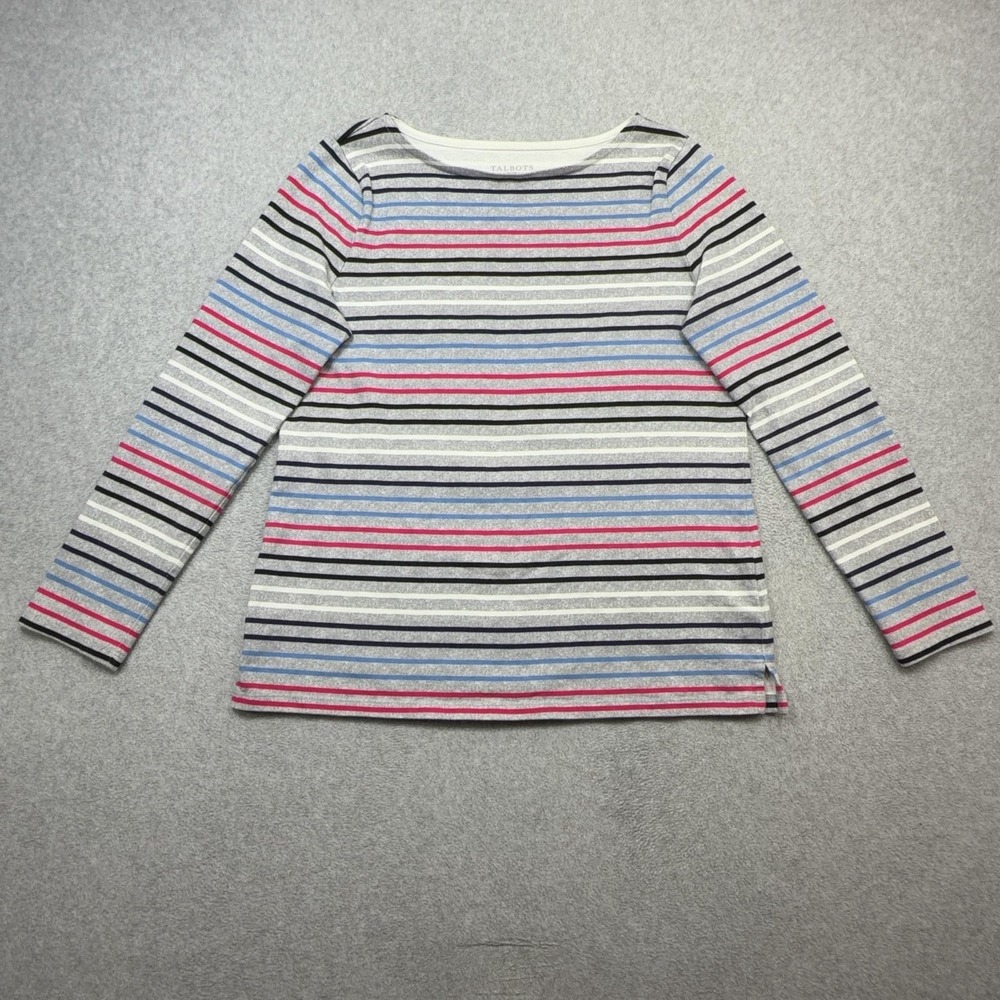 Talbots Tee Shirt Womens Petite Medium Gray Stripe Long Sleeve Boat Neck Top